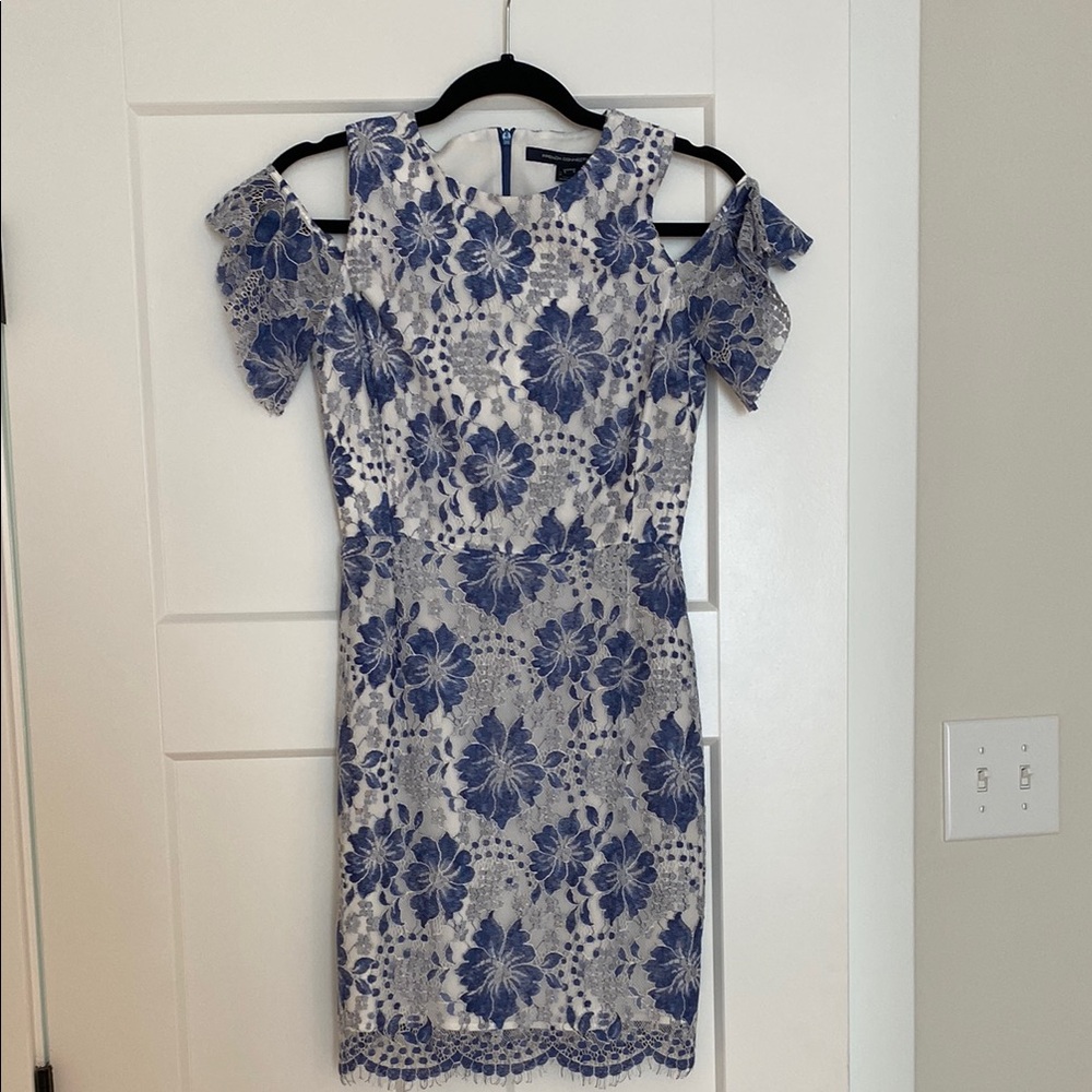 French Connection Blue and White Cold Shoulder Sheath Dress